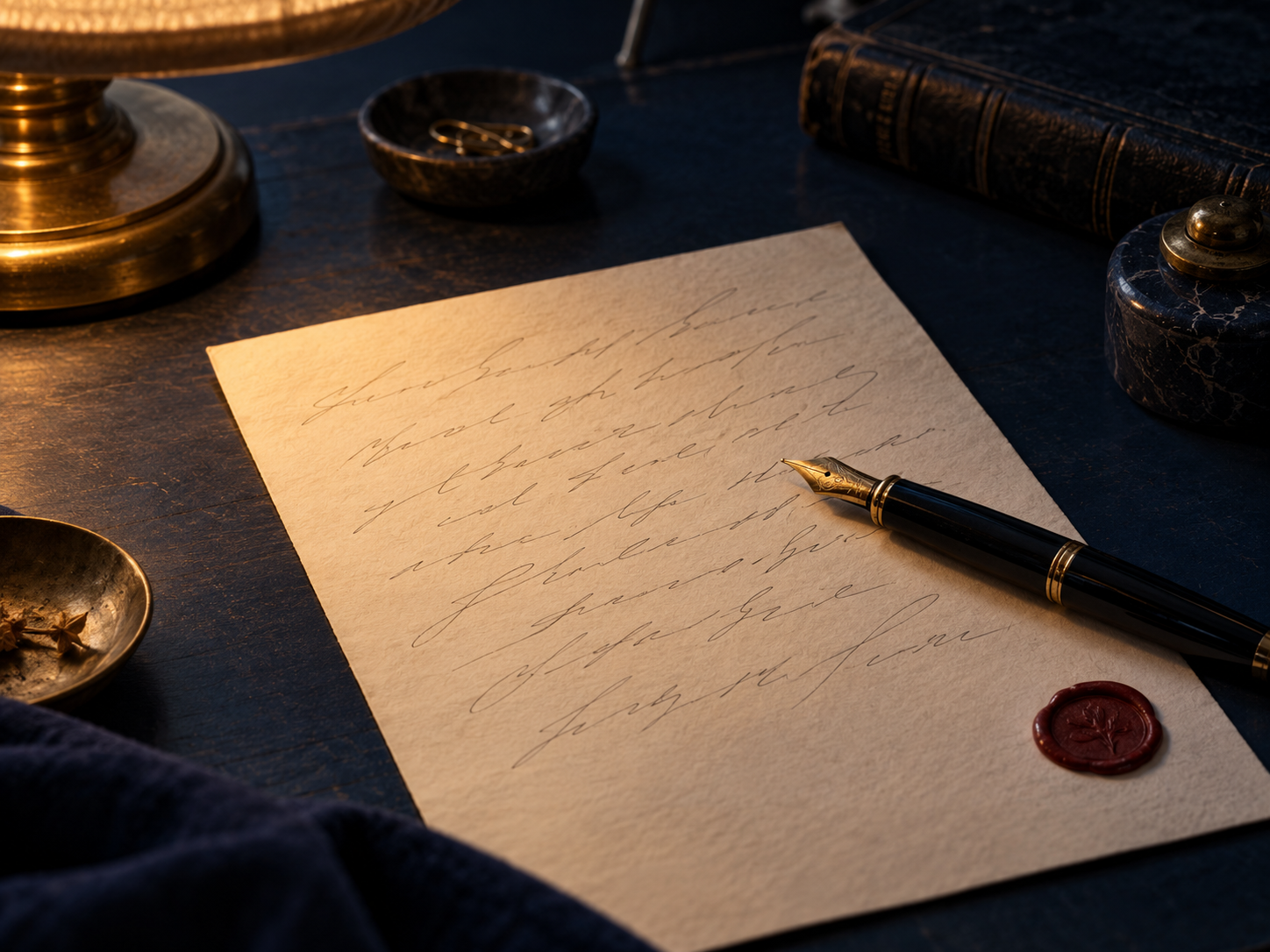 A handwritten letter beside a fountain pen in warm evening light